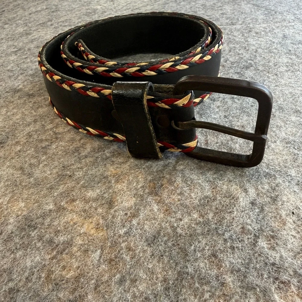 Leather Belt Women 38 Cowhide Leather Black Red White Blue Braided Trim Western